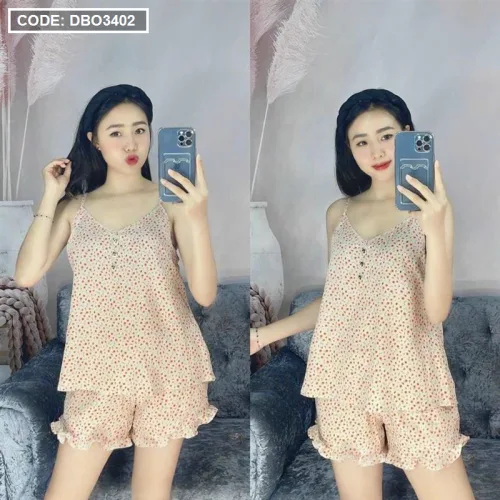 Đồ bộ quần đùi áo dây chấm bi phối nút