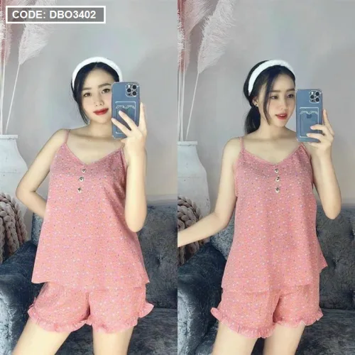 Đồ bộ quần đùi áo dây chấm bi phối nút