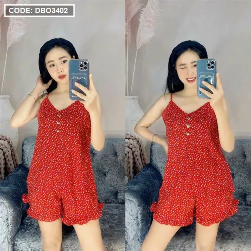 Đồ bộ quần đùi áo dây chấm bi phối nút