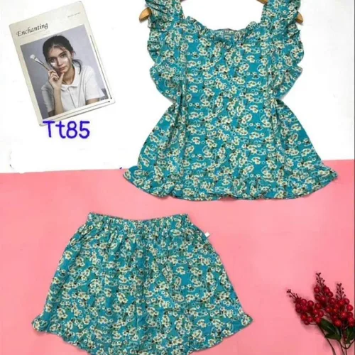 Đồ bộ quần đùi áo dây cổ v hoạ tiết mặc nhà