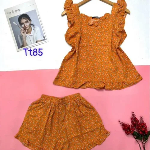 Đồ bộ quần đùi áo dây cổ v hoạ tiết mặc nhà