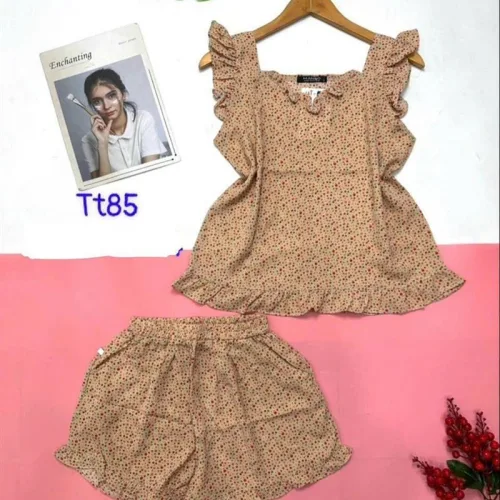 Đồ bộ quần đùi áo dây cổ v hoạ tiết mặc nhà