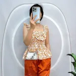 Đồ bộ quần đùi áo dây cổ vuông hoạ tiết nơ trước ngực