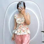 Đồ bộ quần đùi áo dây cổ vuông hoạ tiết nơ trước ngực