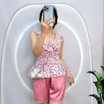Đồ bộ quần đùi áo dây cổ vuông hoạ tiết nơ trước ngực