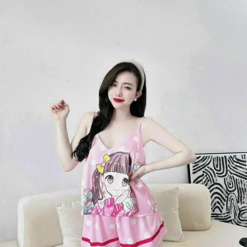 Đồ bộ quần đùi áo dây hoạ tiết mặc nhà