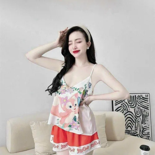 Đồ bộ quần đùi áo dây hoạ tiết mặc nhà