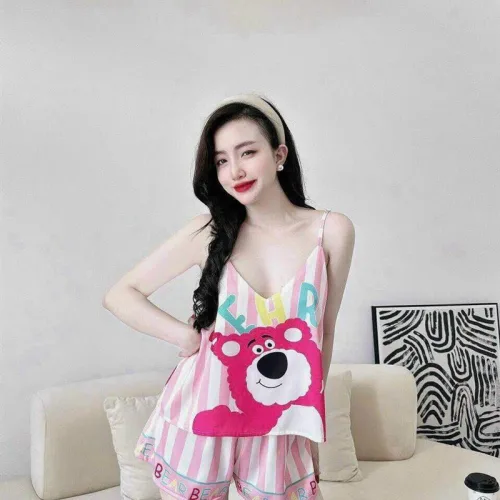 Đồ bộ quần đùi áo dây hoạ tiết mặc nhà
