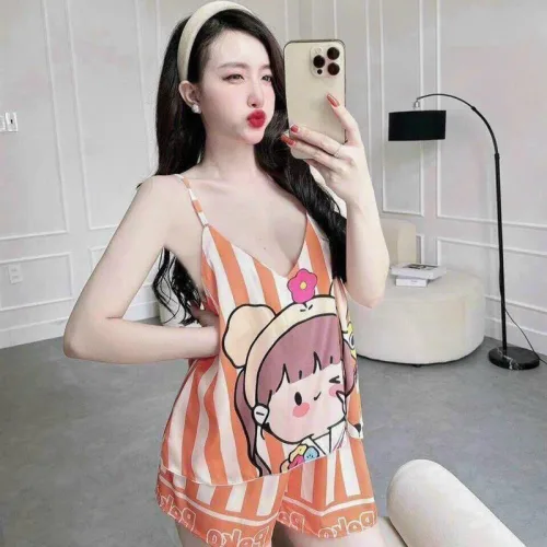 Đồ bộ quần đùi áo dây hoạ tiết mặc nhà