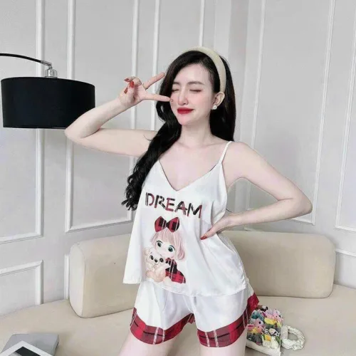 Đồ bộ quần đùi áo dây hoạ tiết mặc nhà