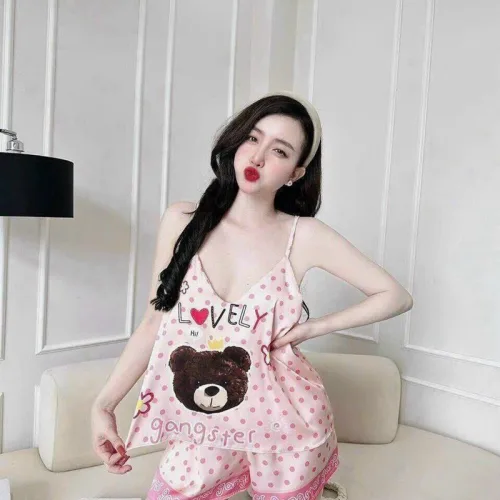 Đồ bộ quần đùi áo dây hoạ tiết mặc nhà