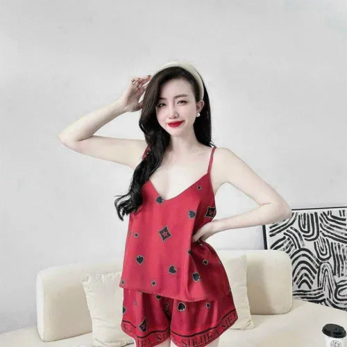 Đồ bộ quần đùi áo dây hoạ tiết mặc nhà