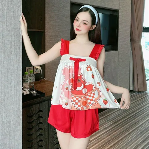 Đồ bộ quần đùi áo dây hoạ tiết mặc nhà