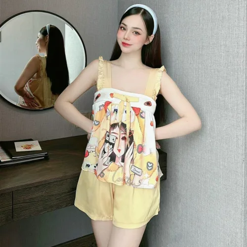 Đồ bộ quần đùi áo dây hoạ tiết mặc nhà