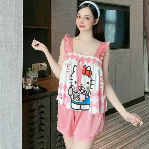 Đồ bộ quần đùi áo dây hoạ tiết mặc nhà