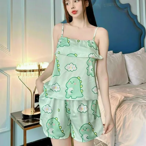 Đồ bộ quần đùi áo dây hoạ tiết mặc nhà siêu mát