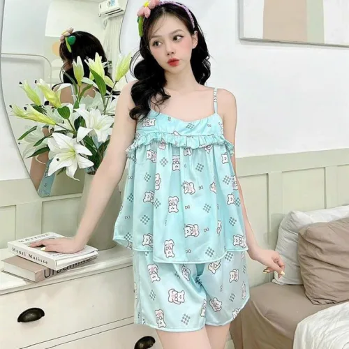 Đồ bộ quần đùi áo dây mặc nhà hoạ tiết