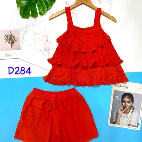 Đồ bộ quần đùi áo dây tầng dập ly màu trơn