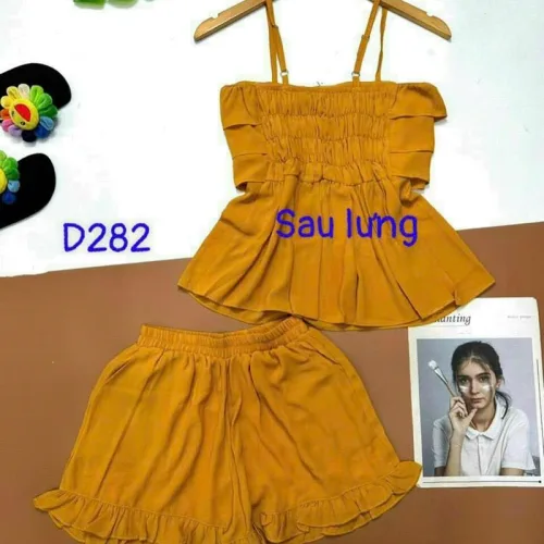 Đồ bộ quần đùi áo dây tầng màu trơn