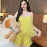 Đồ bộ quần đùi áo dây viền bèo màu trơn