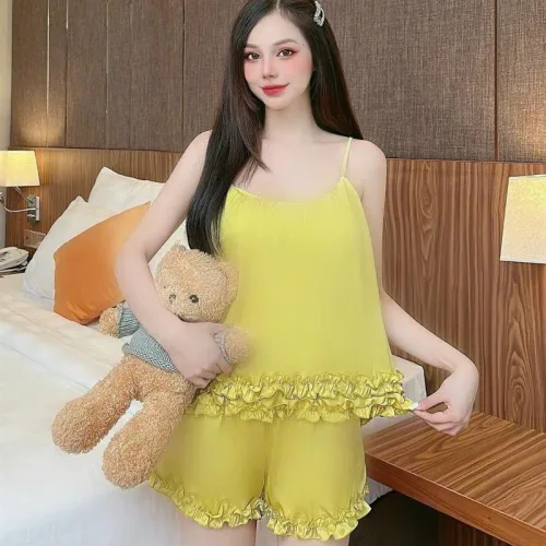 Đồ bộ quần đùi áo dây viền bèo màu trơn