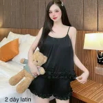 Đồ bộ quần đùi áo dây viền bèo màu trơn
