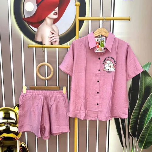 Đồ bộ quần đùi áo sơ mi tay ngắn cổ bẻ in hình