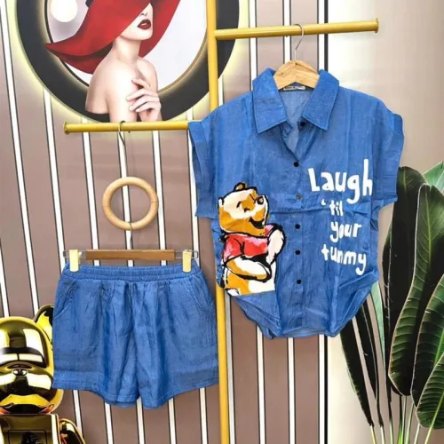 Đồ bộ quần đùi áo sơ mi tay ngắn cổ bẻ in hình