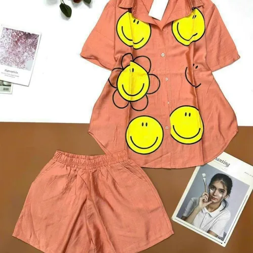 Đồ bộ quần đùi áo sơ mi tay ngắn cổ bẻ in hình