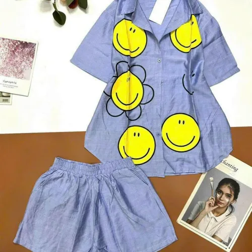 Đồ bộ quần đùi áo sơ mi tay ngắn cổ bẻ in hình
