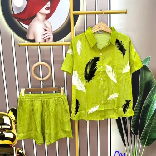 Đồ bộ quần đùi áo sơ mi tay ngắn cổ bẻ in hình