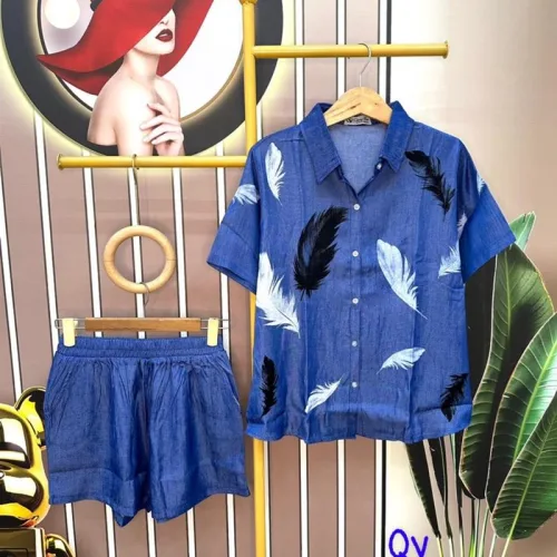 Đồ bộ quần đùi áo sơ mi tay ngắn cổ bẻ in hình
