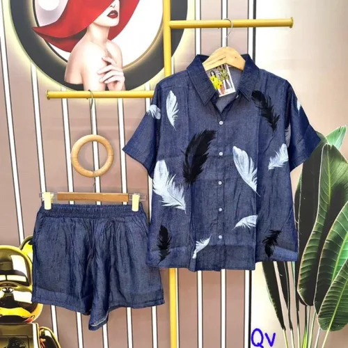 Đồ bộ quần đùi áo sơ mi tay ngắn cổ bẻ in hình