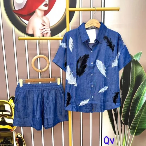 Đồ bộ quần đùi áo sơ mi tay ngắn cổ bẻ in hình
