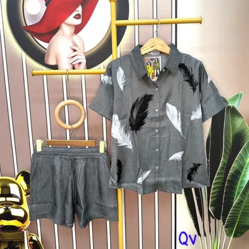 Đồ bộ quần đùi áo sơ mi tay ngắn cổ bẻ in hình