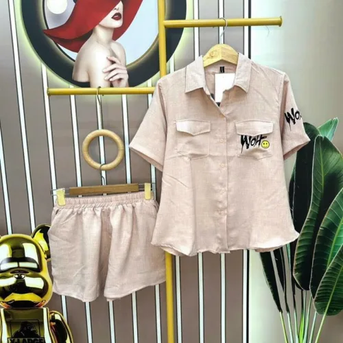 Đồ bộ quần đùi áo sơ mi tay ngắn cổ bẻ in hình