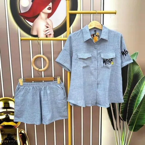 Đồ bộ quần đùi áo sơ mi tay ngắn cổ bẻ in hình