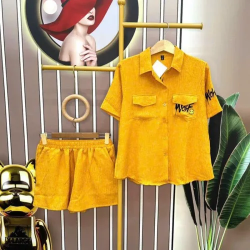 Đồ bộ quần đùi áo sơ mi tay ngắn cổ bẻ in hình
