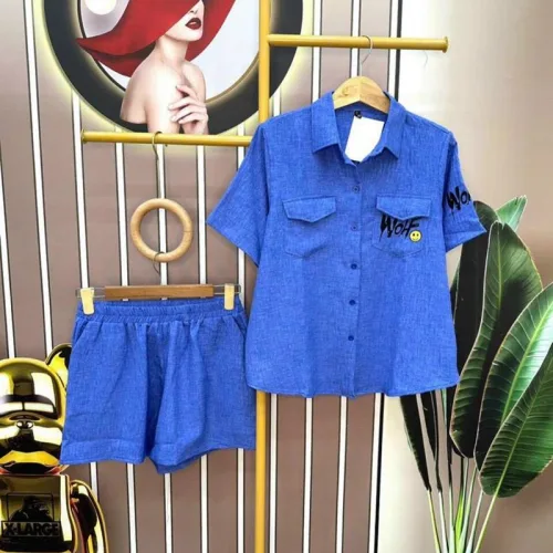 Đồ bộ quần đùi áo sơ mi tay ngắn cổ bẻ in hình