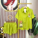 Đồ bộ quần đùi áo sơ mi tay ngắn cổ bẻ in hình gấu