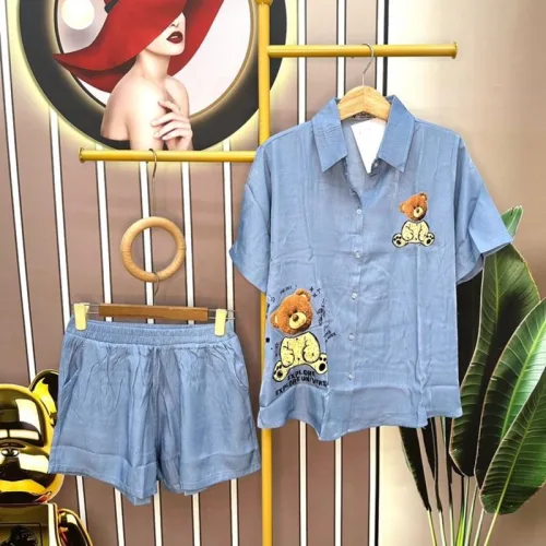 Đồ bộ quần đùi áo sơ mi tay ngắn cổ bẻ in hình gấu