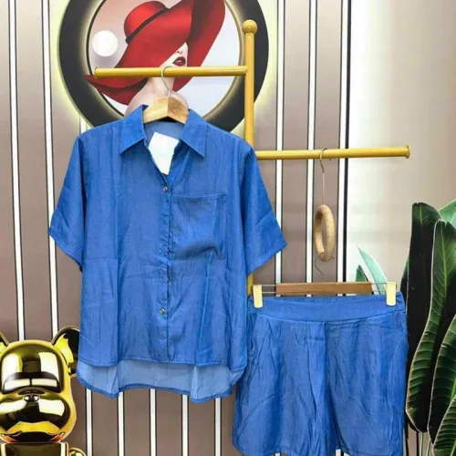 Đồ bộ quần đùi áo sơ mi tay ngắn cổ bẻ trơn