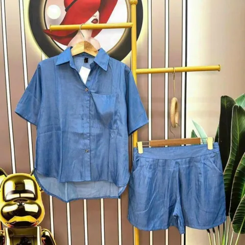 Đồ bộ quần đùi áo sơ mi tay ngắn cổ bẻ trơn