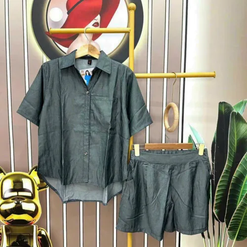 Đồ bộ quần đùi áo sơ mi tay ngắn cổ bẻ trơn