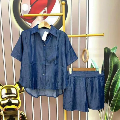 Đồ bộ quần đùi áo sơ mi tay ngắn cổ bẻ trơn