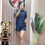 Đồ bộ quần đùi áo sơ mi tay ngắn có túi giả màu trơn