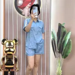 Đồ bộ quần đùi áo sơ mi tay ngắn có túi giả màu trơn