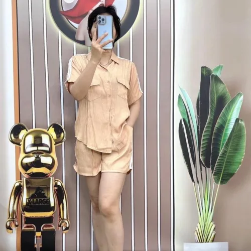 Đồ bộ quần đùi áo sơ mi tay ngắn có túi giả màu trơn