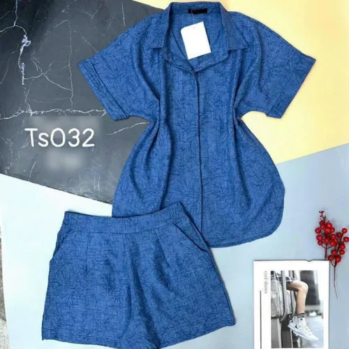 Đồ bộ quần đùi áo sơ mi tay ngắn hoạ tiết hoa