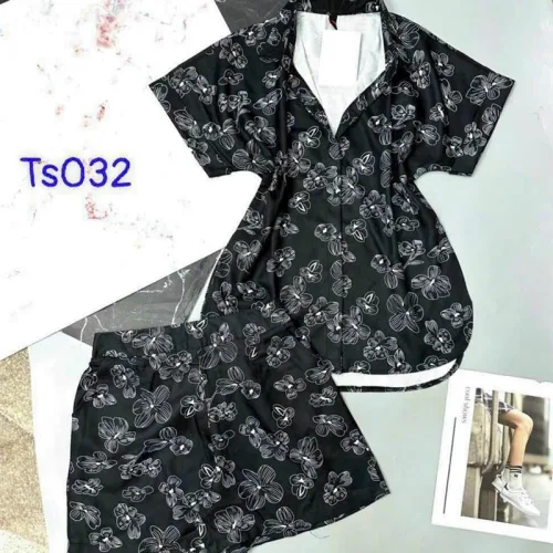 Đồ bộ quần đùi áo sơ mi tay ngắn hoạ tiết hoa